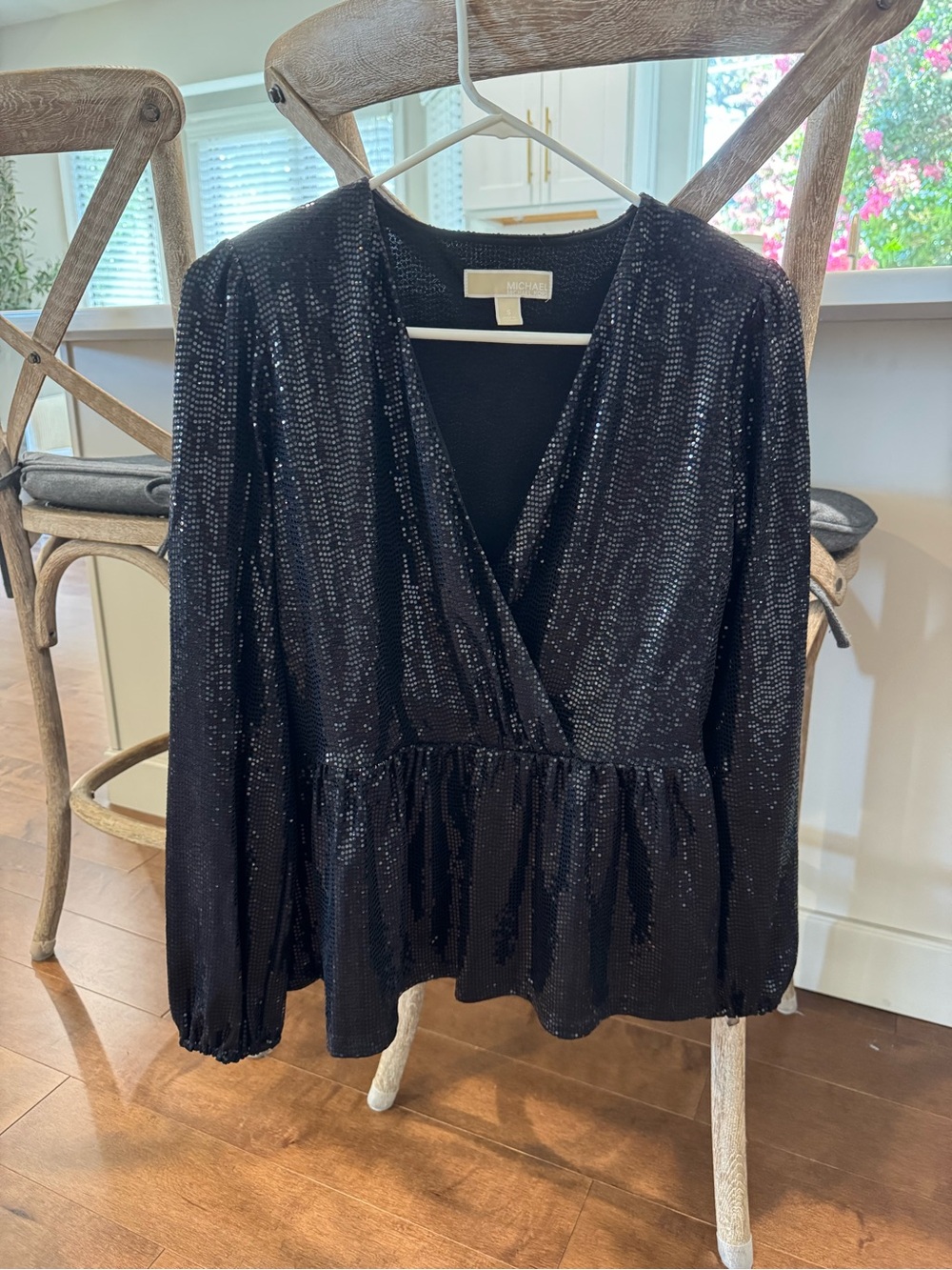 Michael Kors Black Sequin Wrap Peplum Blouse